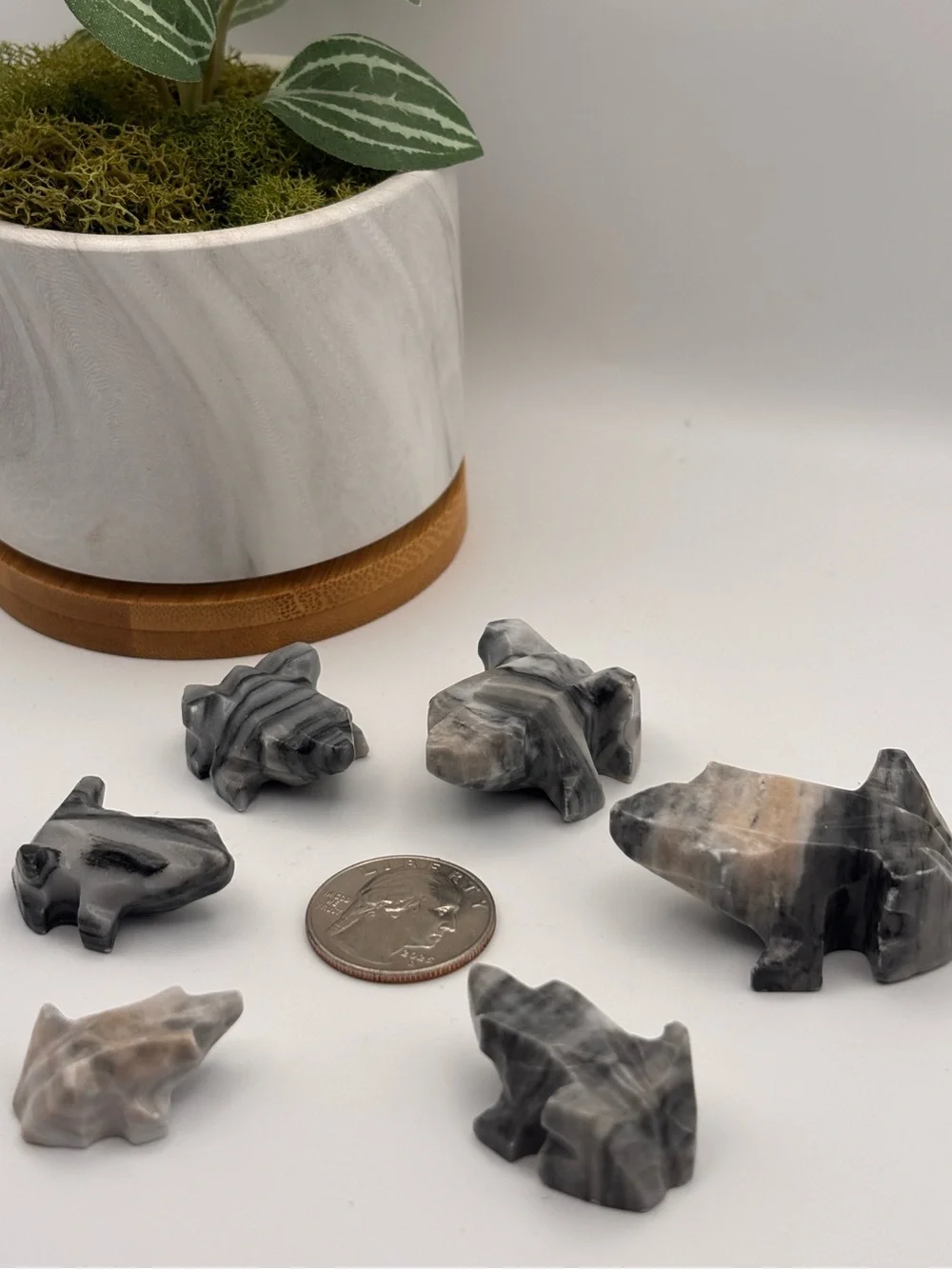 Set of 6 Hand-Carved Stone Frog Miniature Figurines, Set of Marble Trinkets